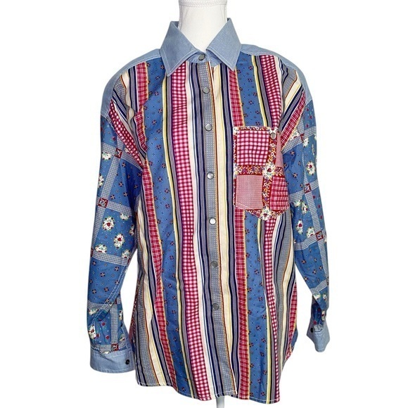 LizWear Tops - LizWear Vintage Colorful Multi Pattern Button Down Shirt with Pearl Snaps